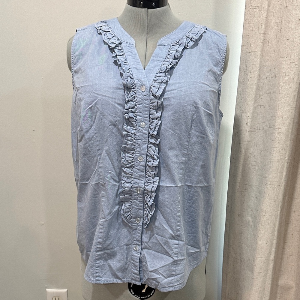 Laura Scott Light Blue Ruffle Front Blouse size L 100% cotton